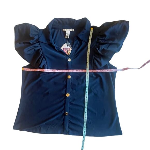 Madison Paris New York Navy Blue Puff Sleeve Blouse Size L - Picture 6 of 8